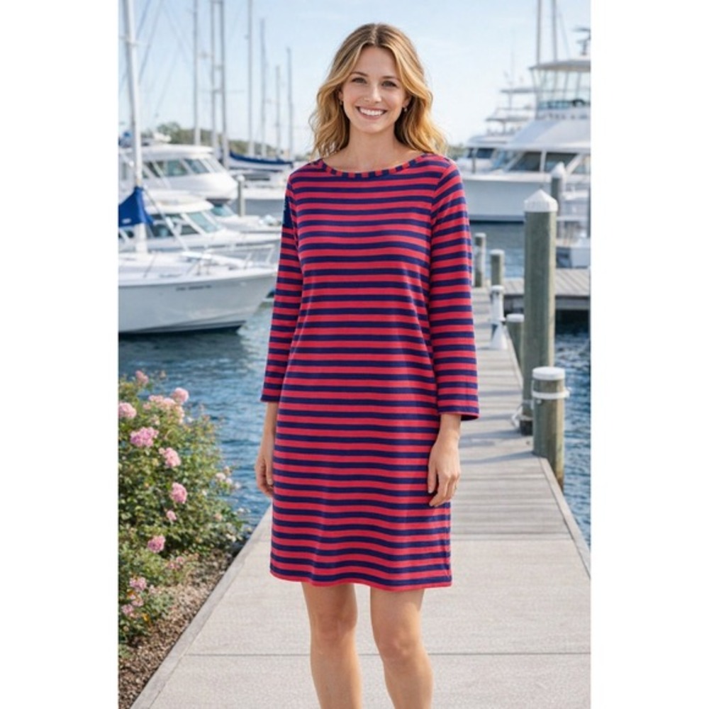 Vineyard Vines Midi Sheath Dress Size M Navy Red Cotton Striped Long Sleeve
